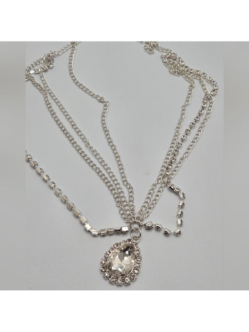 Silver Rhinestone Boho Head Chain Teardrop Pendant  22"